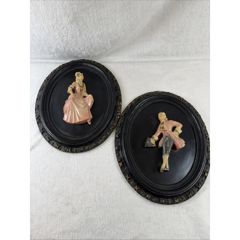 Vintage Chalkware 3D Wall Plaques Pair Mid Century Victorian Courting Couple GVC